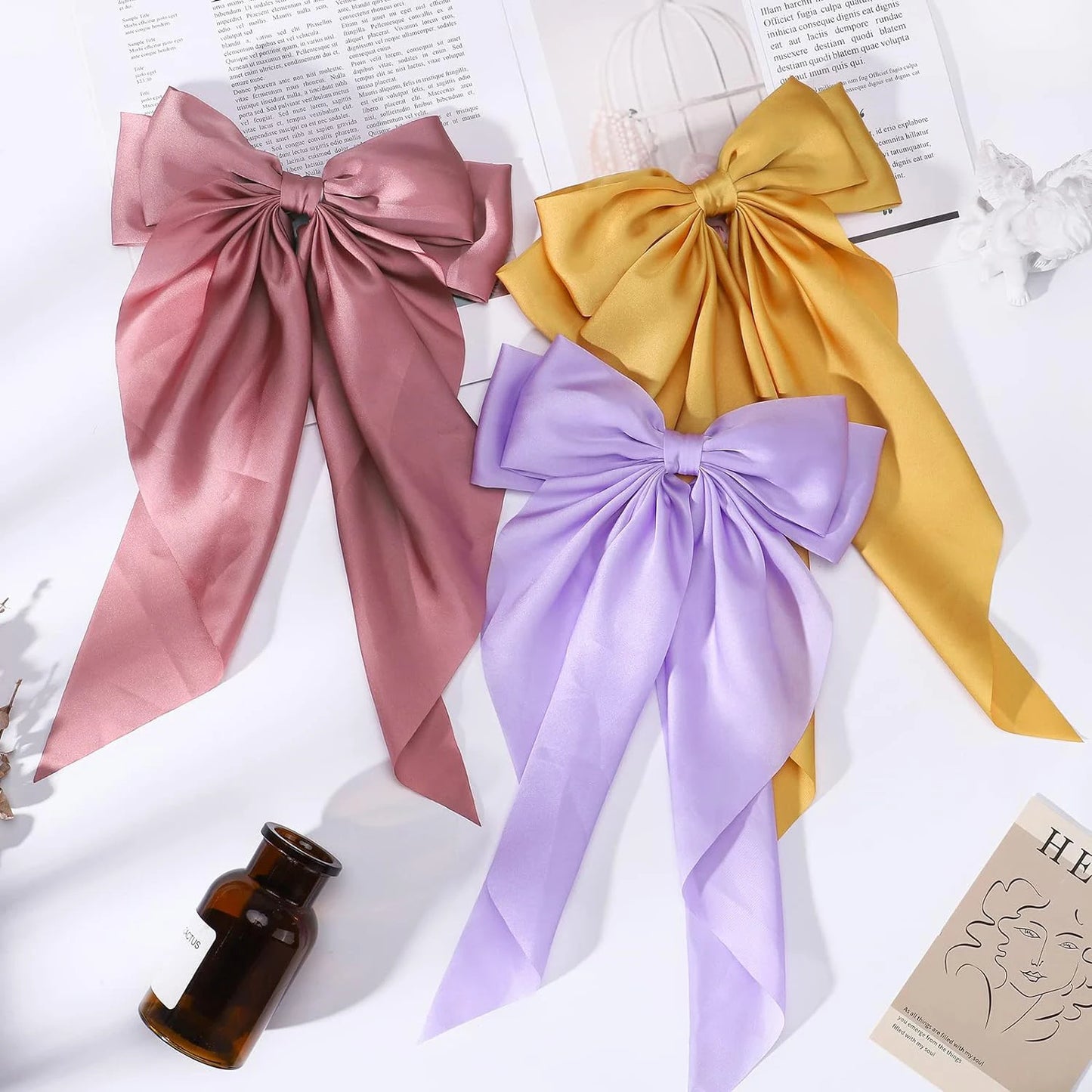 3Pcs Elegant Bow Ribbon Hair Clip for Women Fashion Solid Satin Spring Clip Hairpin Headband with Clips Girls Hair Accessories