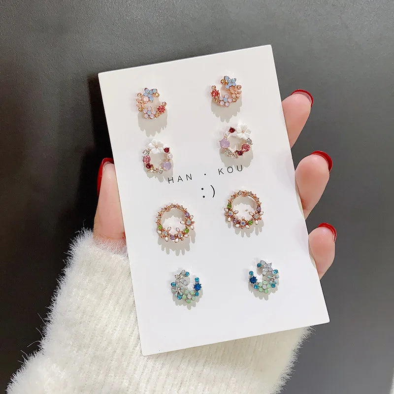 Korean New Design Fashion Colorful Rhinestone Moon Heart Flower Garland Stud Earrings Jewelry Women Exquisite Romantic Earrings