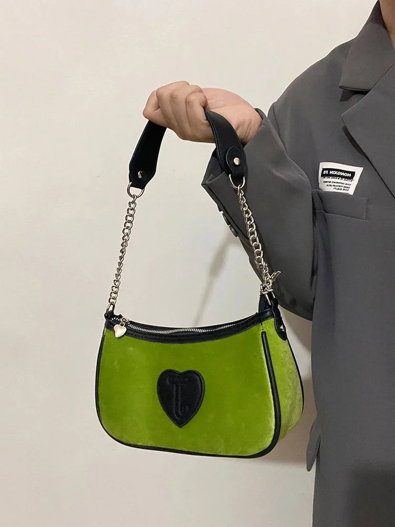 Y2K Vintage Korean Shoulder Green Underarm Tote Bags Ladies Sling Velvet Armpit Bag Zip Purses Party Bagutte Handbags Women