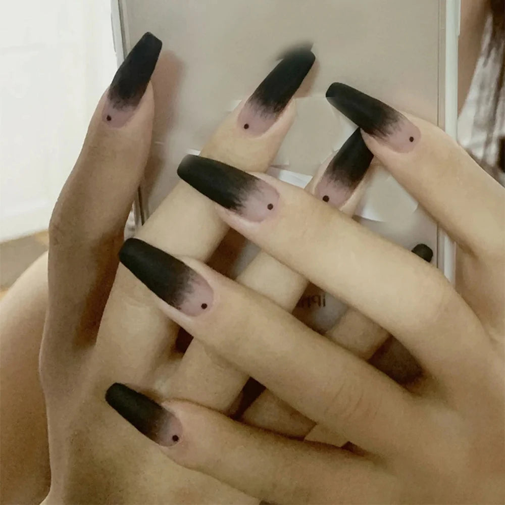 24Pcs Long Coffin False Nails Black Gradient Matte Ballerina Fake Nails DIY Manicure Nail Tips Press on Nails Nail Decoration