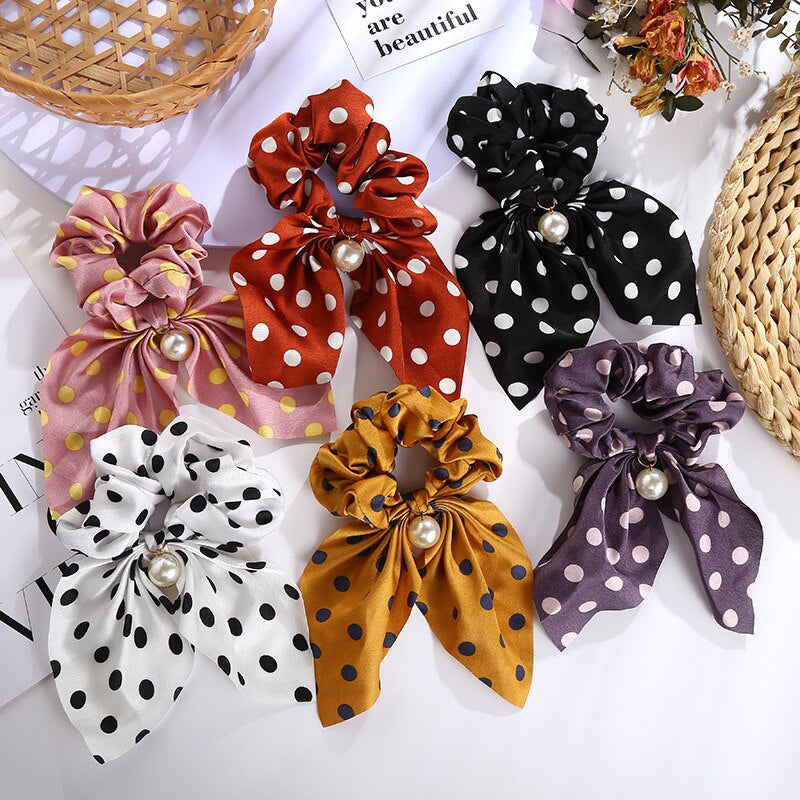 New Chiffon Bowknot Silk Hair Scrunchies Women Pearl Ponytail Holder Hair Ties Hair Rope Rubber Bands Headwear Hair Accessories