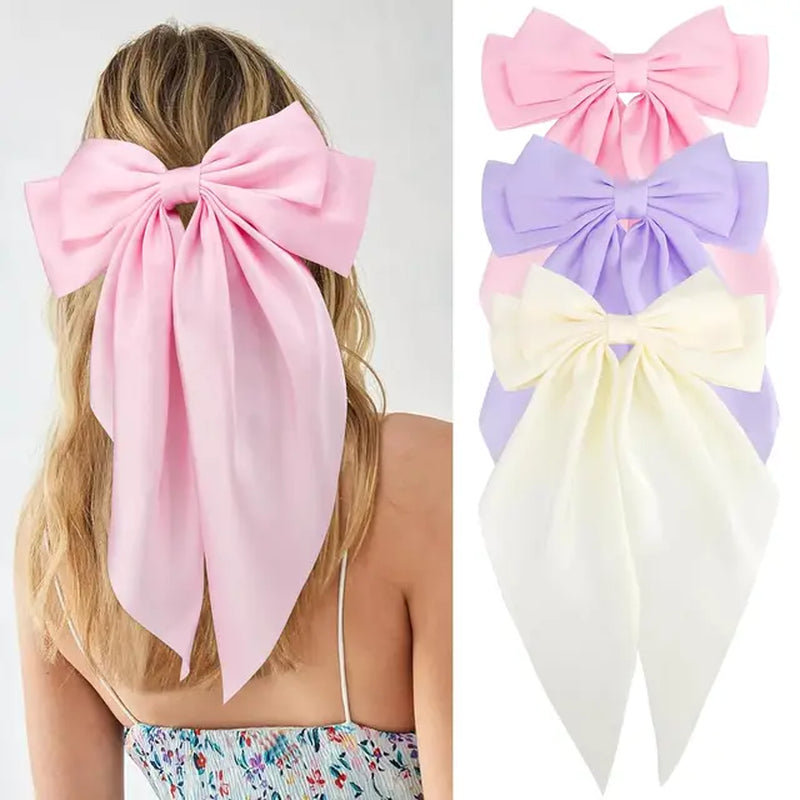 3Pcs Elegant Bow Ribbon Hair Clip for Women Fashion Solid Satin Spring Clip Hairpin Headband with Clips Girls Hair Accessories