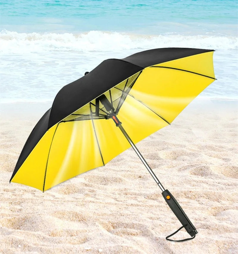 Creative Summer Umbrella with Fan and Mist Spray Long Handle Sunny Rainy Uv-Proof Umbrella for Men Women Parasol Outdoor Beach