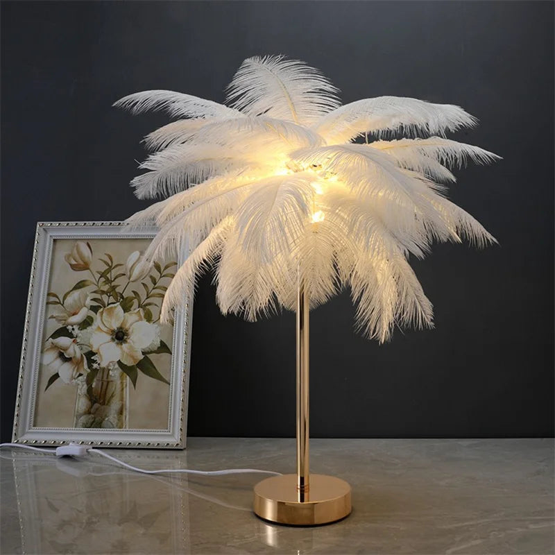 Nordic Ostrich Feather Table Lamp Palm Tree Table Lights Interior Lighting Home Deco Art Living Room Stand Light Bedside Lamps