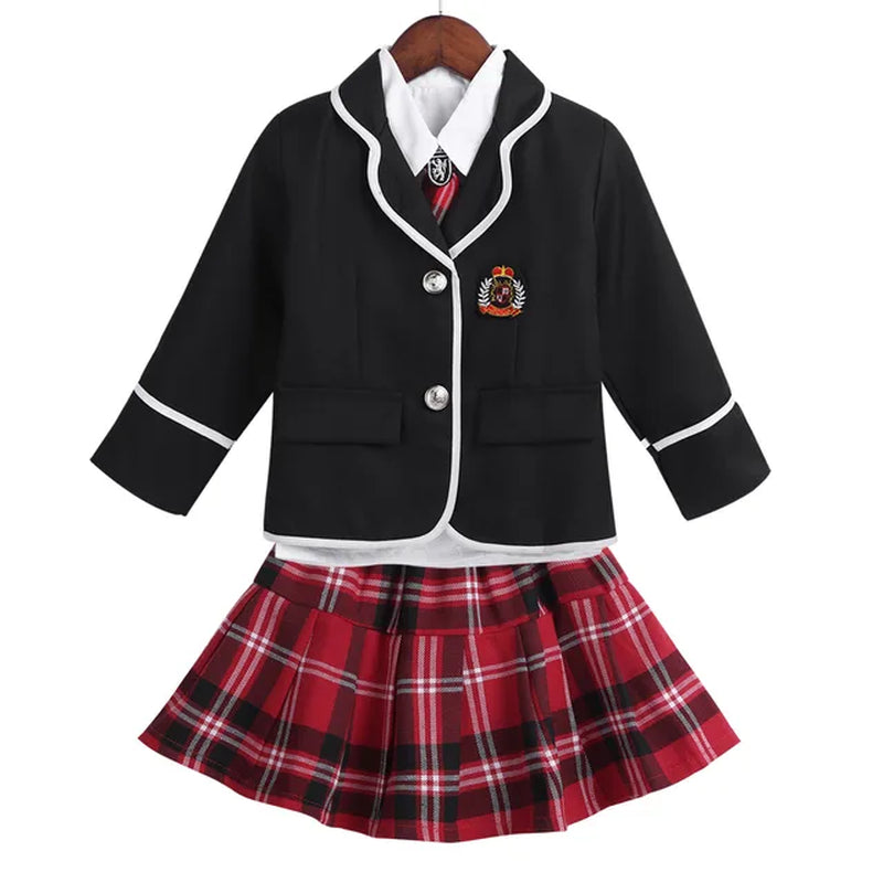 Kids Teens Japanese Anime Cosplay Students Costume Girls British Style School Uniform Coat with Shirt Tie Mini Skirt Set