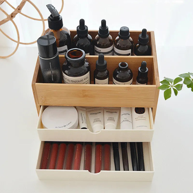 "Organize and Beautify Your Vanity with Our Bamboo Cosmetic Drawer Storage Box - Perfect for Makeup, Jewelry, and Skincare!"