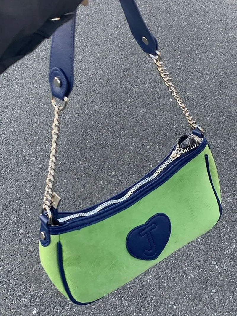 Y2K Vintage Korean Shoulder Green Underarm Tote Bags Ladies Sling Velvet Armpit Bag Zip Purses Party Bagutte Handbags Women