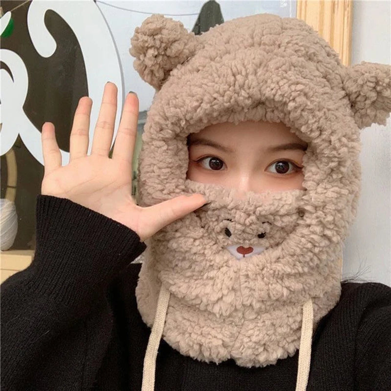 Winter Cartoon Hat Bear Ear Lamb Beanie Hats Warm Thickened Ear Protection Beanies for Women Girl Kawaii