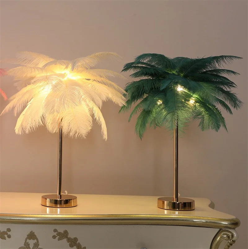 Nordic Ostrich Feather Table Lamp Palm Tree Table Lights Interior Lighting Home Deco Art Living Room Stand Light Bedside Lamps