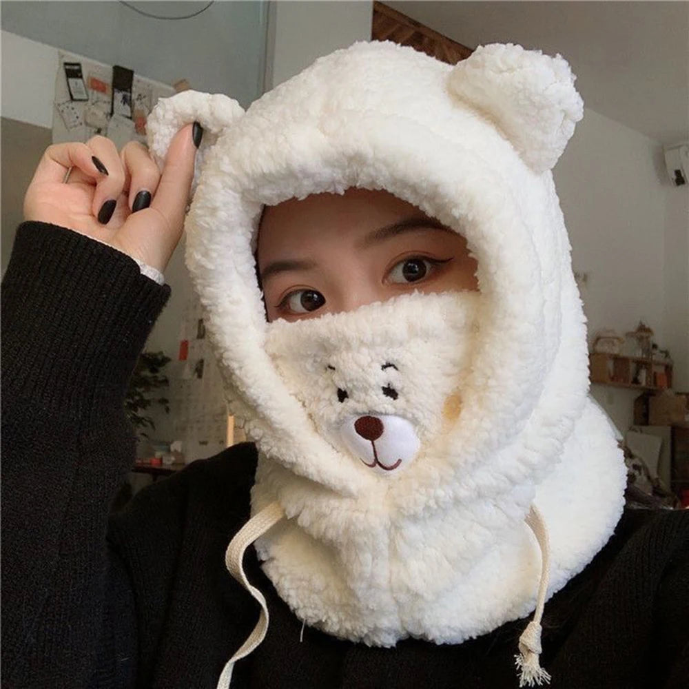 Winter Cartoon Hat Bear Ear Lamb Beanie Hats Warm Thickened Ear Protection Beanies for Women Girl Kawaii