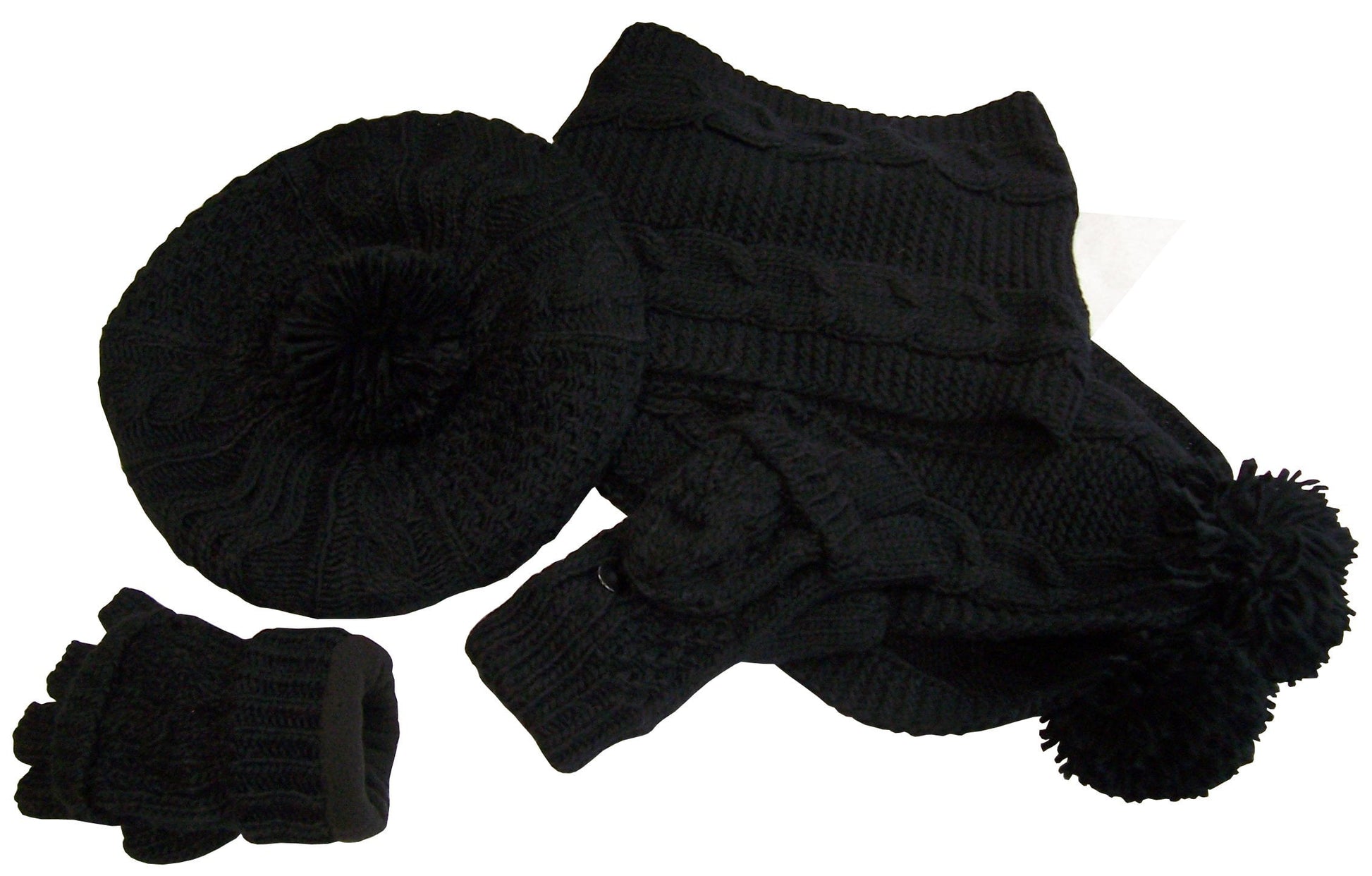 Womens Ladies Cable Knit Hat Scarf Converter Glove 3 Piece Winter Set - Black