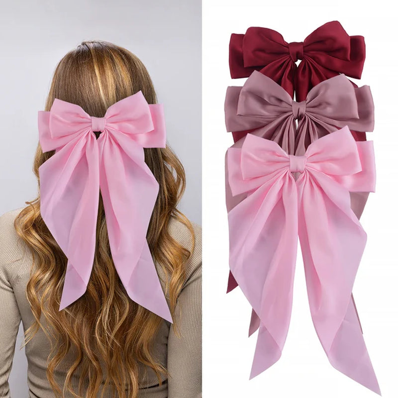 3Pcs Elegant Bow Ribbon Hair Clip for Women Fashion Solid Satin Spring Clip Hairpin Headband with Clips Girls Hair Accessories