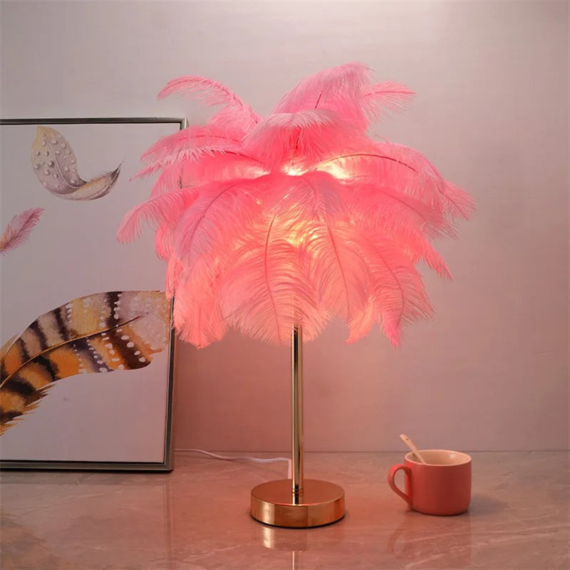 Nordic Ostrich Feather Table Lamp Palm Tree Table Lights Interior Lighting Home Deco Art Living Room Stand Light Bedside Lamps