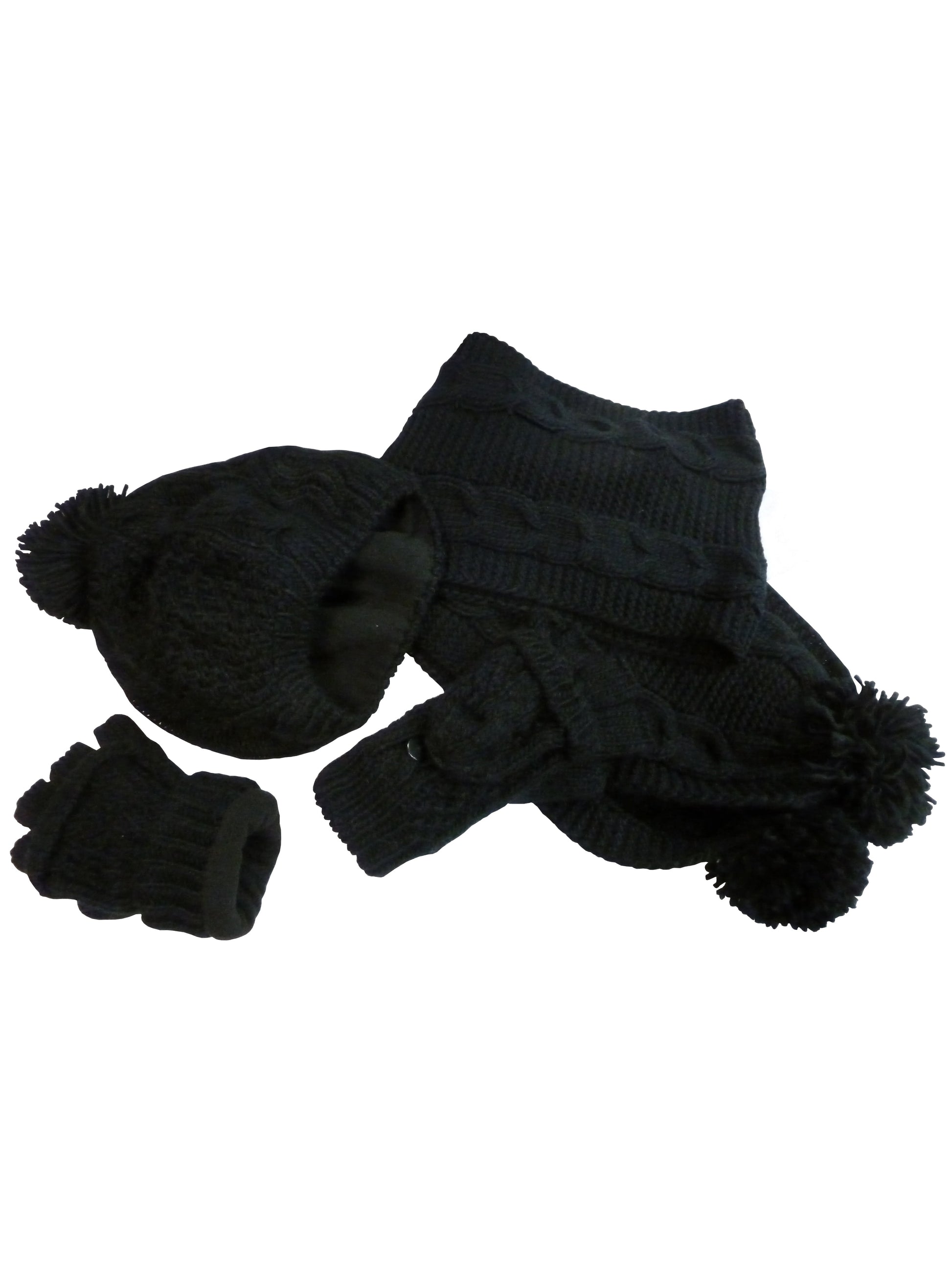 Womens Ladies Cable Knit Hat Scarf Converter Glove 3 Piece Winter Set - Black